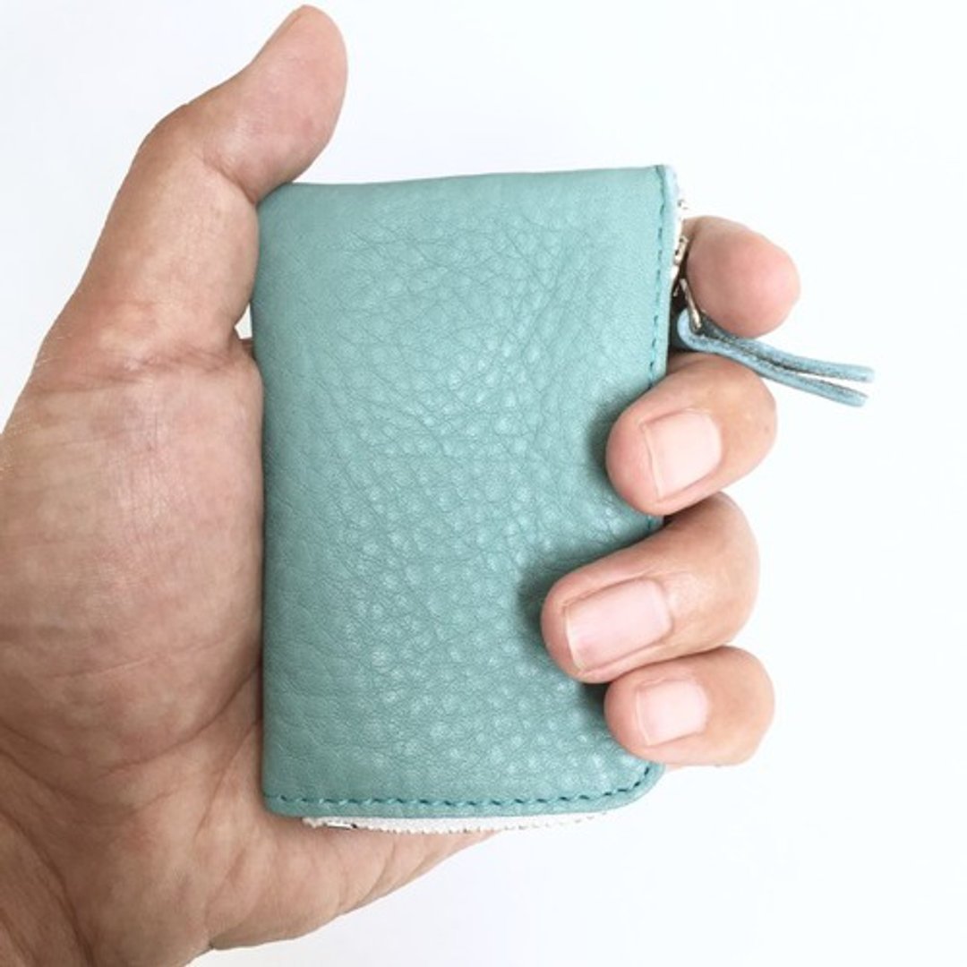 Minimal coin case of cow shrink leather and cow floor velor [Sky blue] - 零钱包 - 真皮 蓝色