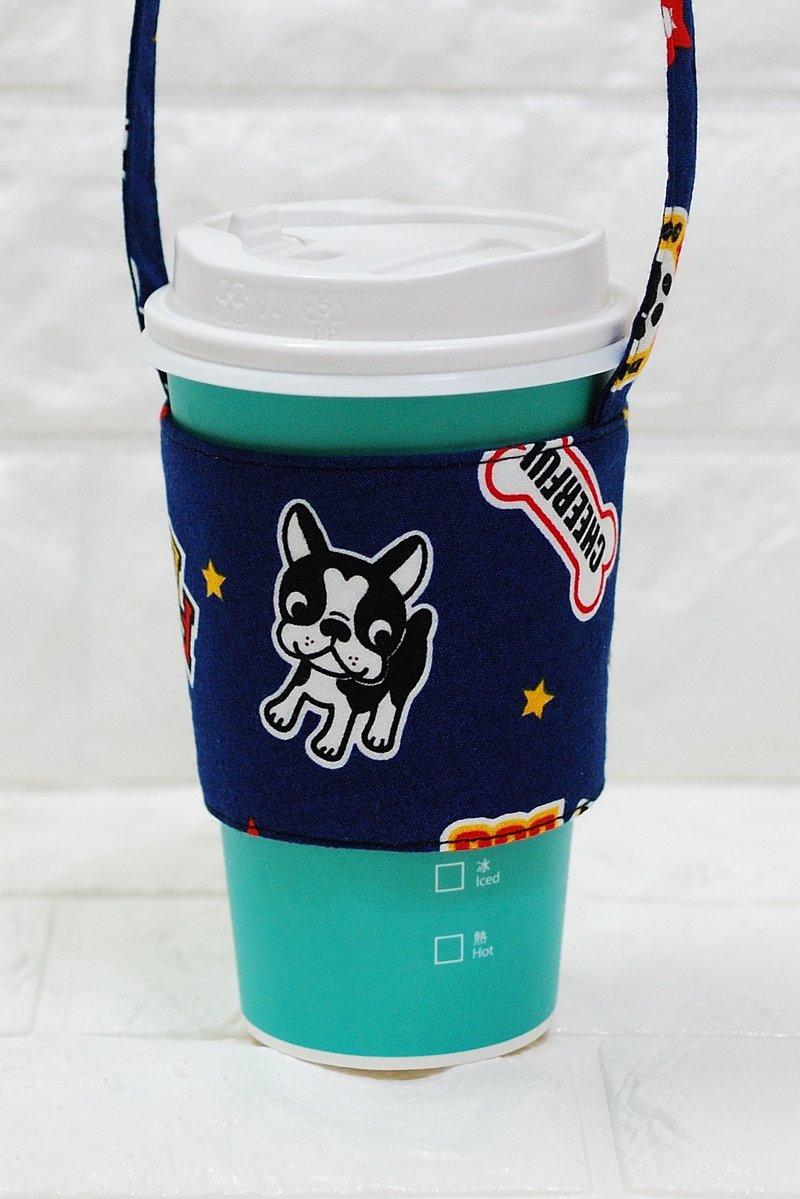 玩布手作。可爱法斗 环保饮料提袋 杯套 - 水瓶/水壶 - 棉．麻 蓝色