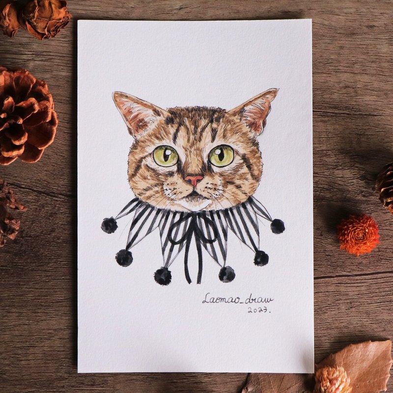 水彩插画原画稿 猫咪头像 4X6 6寸 1001 虎斑猫与小丑领 - 海报/装饰画/版画 - 纸 