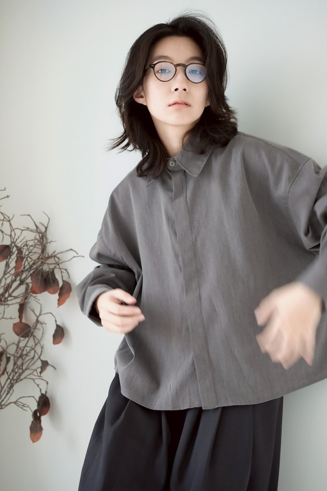 日常隐藏扣简约衬衫shirt - 2色 - 灰灰 - 女装衬衫 - 棉 灰色