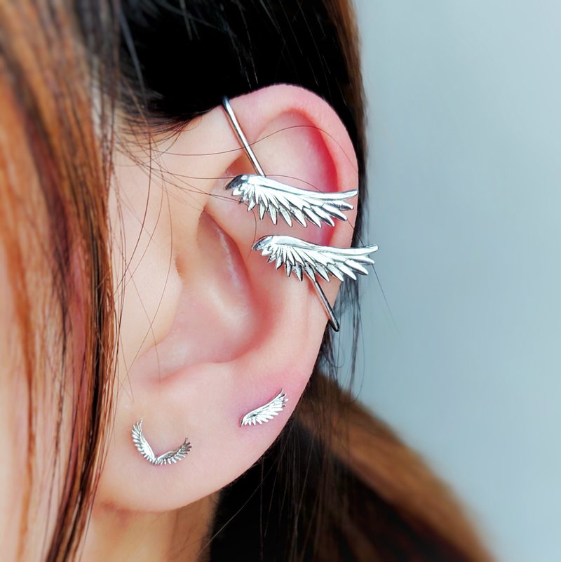 飞翔双翼纯银耳挂耳环 - 耳环/耳夹 - 纯银 银色