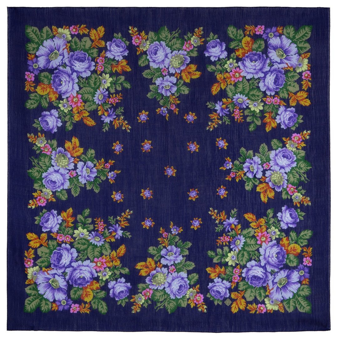 原版帕夫洛夫帕萨德俄罗斯羊毛披肩，100% 羊毛，115x115 厘米 1847-14 - 丝巾 - 羊毛 蓝色