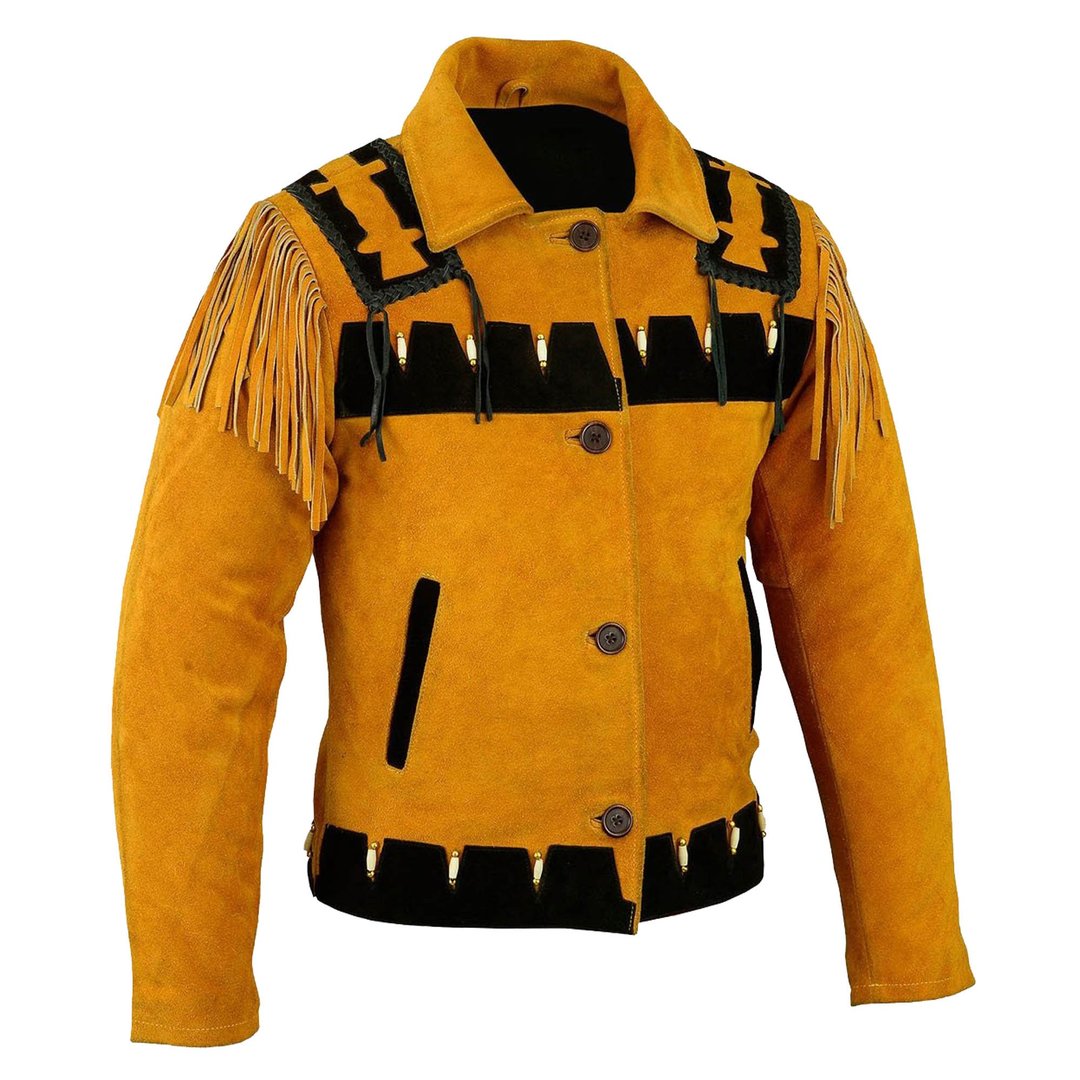 Western Indian Carnival Fashioning Suede Leather Jacket - 男装外套 - 真皮 黄色