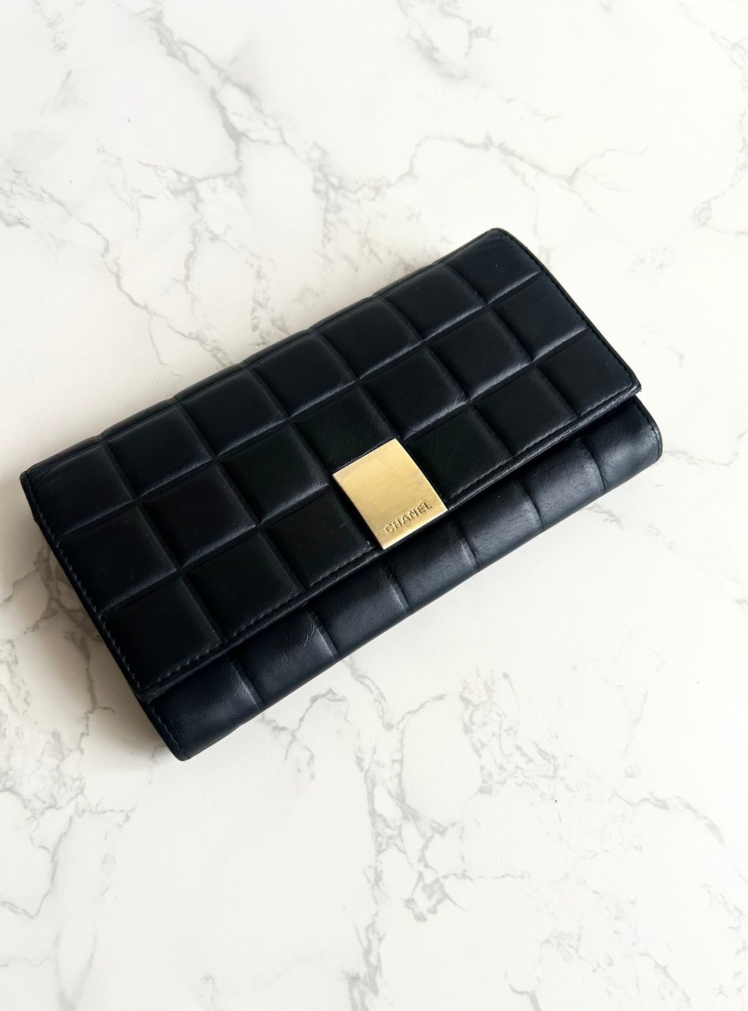 古董包 Chanel 黑金冰格牛皮皮革长夹 钱包 皮夹 中古二手银包 - 皮夹/钱包 - 真皮 黑色