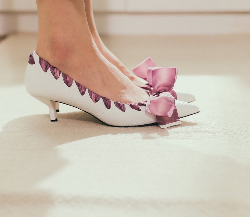 幻彩缎带 编织滚边低跟鞋 白 - 高跟鞋 - 真皮 白色