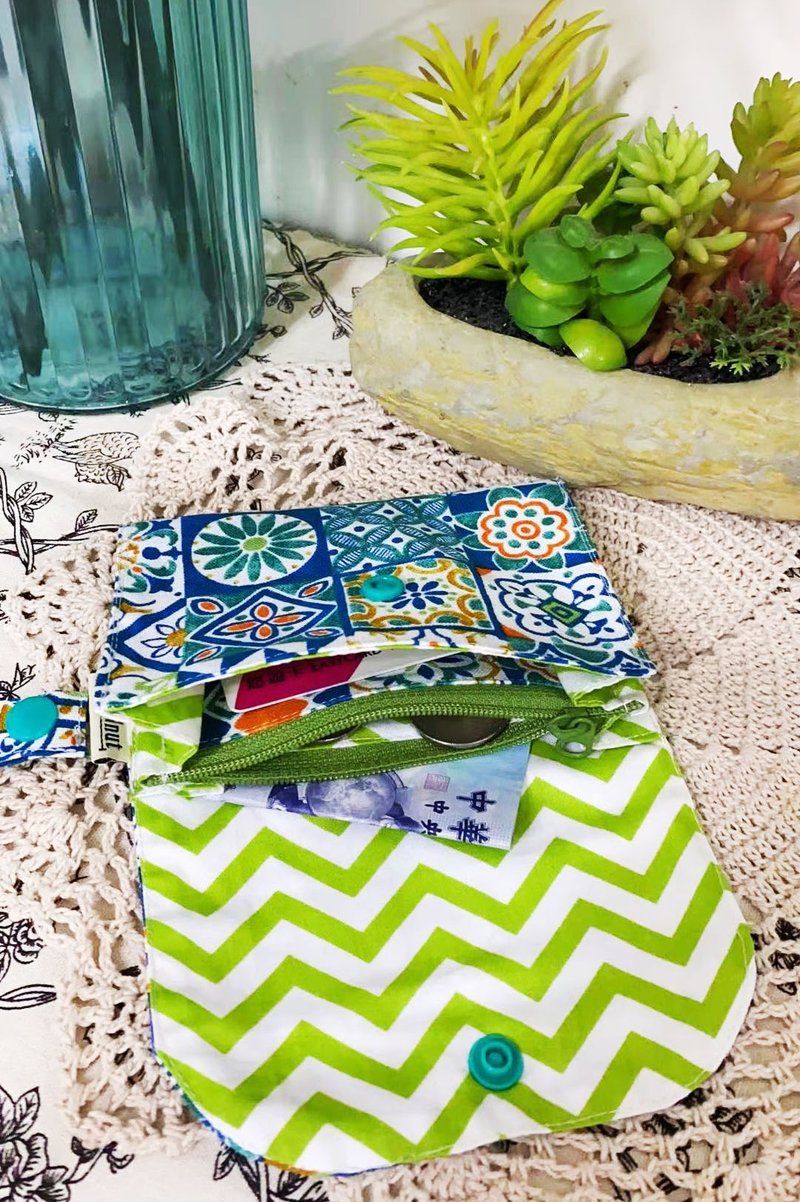 北欧花瓷砖绿色图案双层小收纳袋小卡罩收纳多功能小包零钱包 - 皮夹/钱包 - 棉．麻 绿色