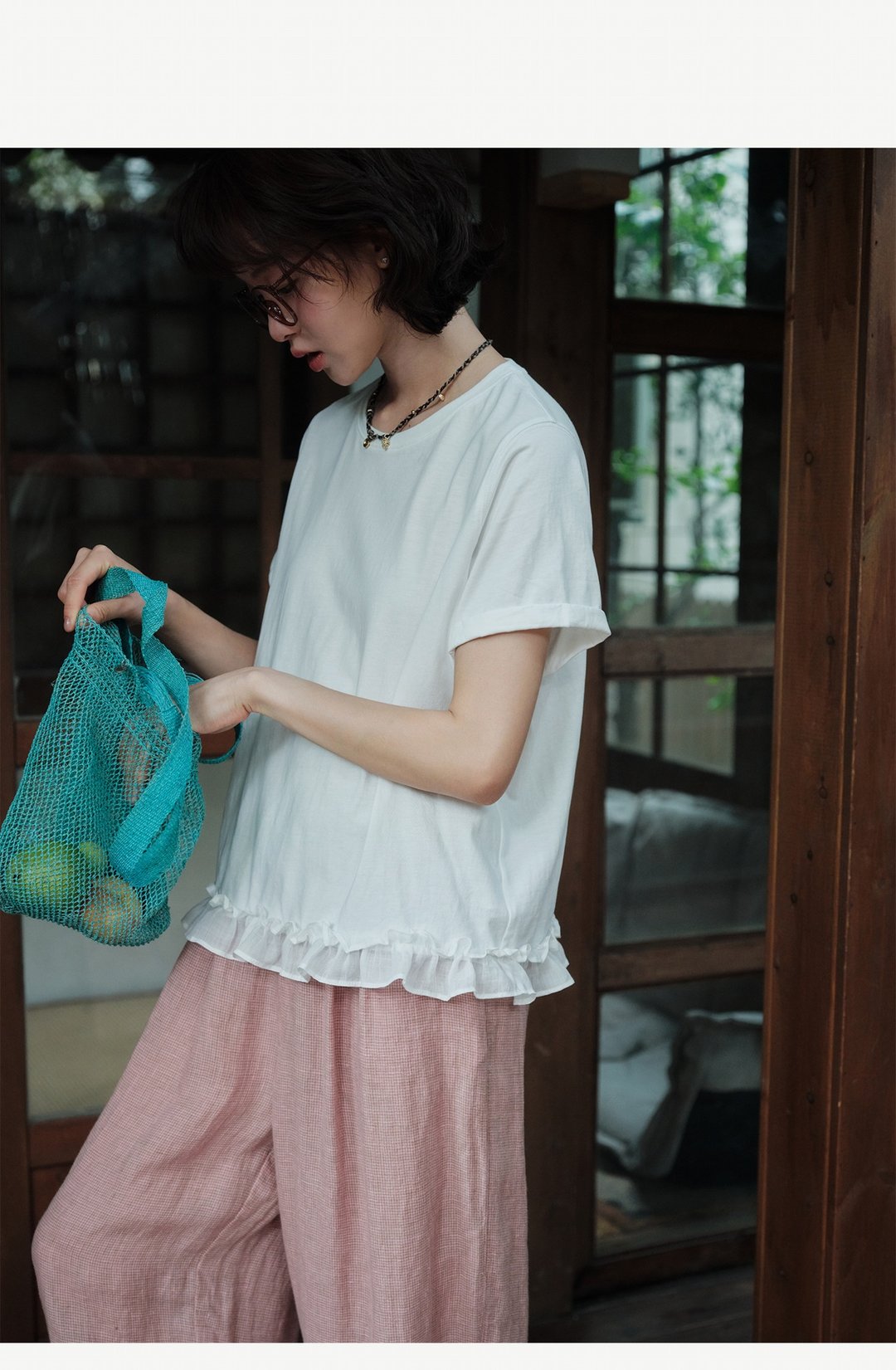 纯棉短袖圆领苎麻木耳边上衣 - 女装衬衫 - 棉 多色