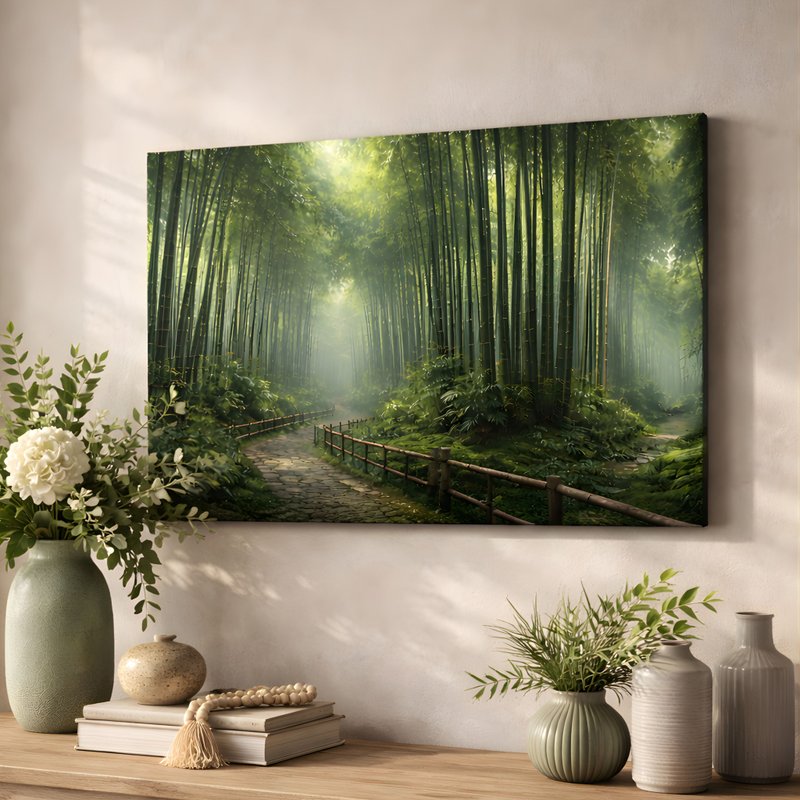 竹林小径挂画, 禅意森林画, 日式自然风装饰, 治愈系壁画, 客厅卧 - 墙贴/壁贴 - 棉．麻 