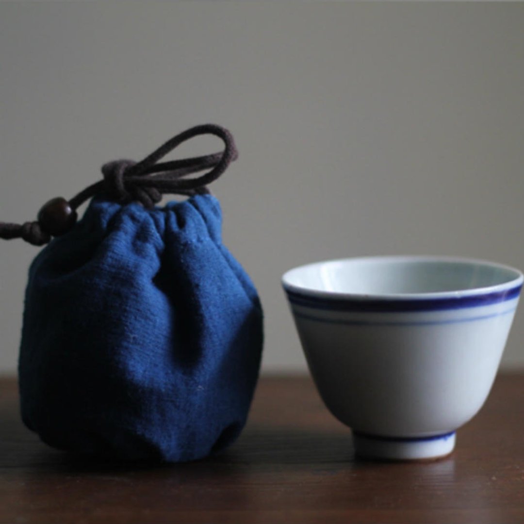 藍色 老土布茶道隨行收納袋 束口茶杯袋茶壺包茶具配件飲料提袋 - 随行杯提袋/水壶袋 - 棉 蓝色