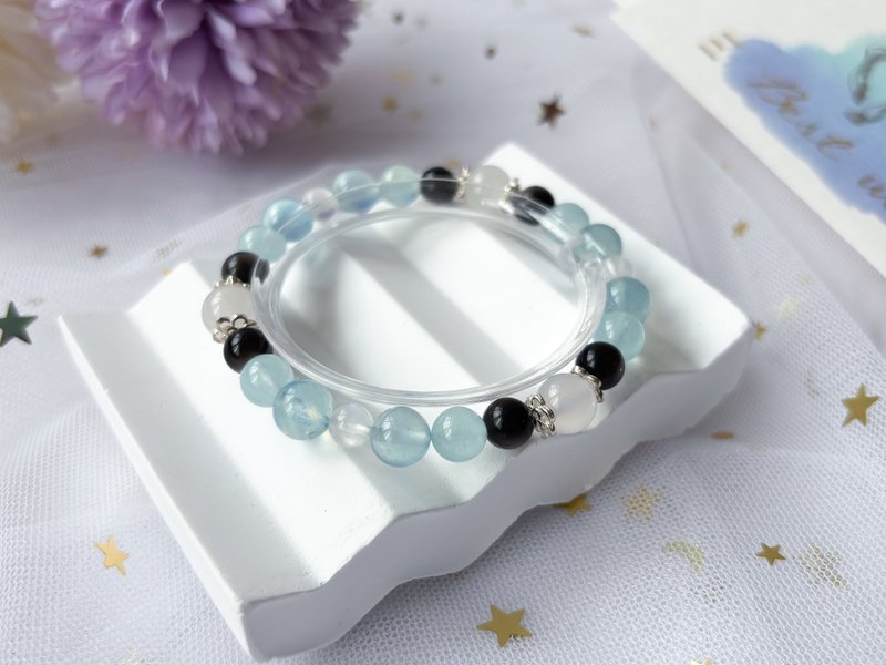 【月影】天然海蓝宝 银曜石 蓝月亮石 玉髓 S925纯银 设计手链 - 手链/手环 - 水晶 蓝色