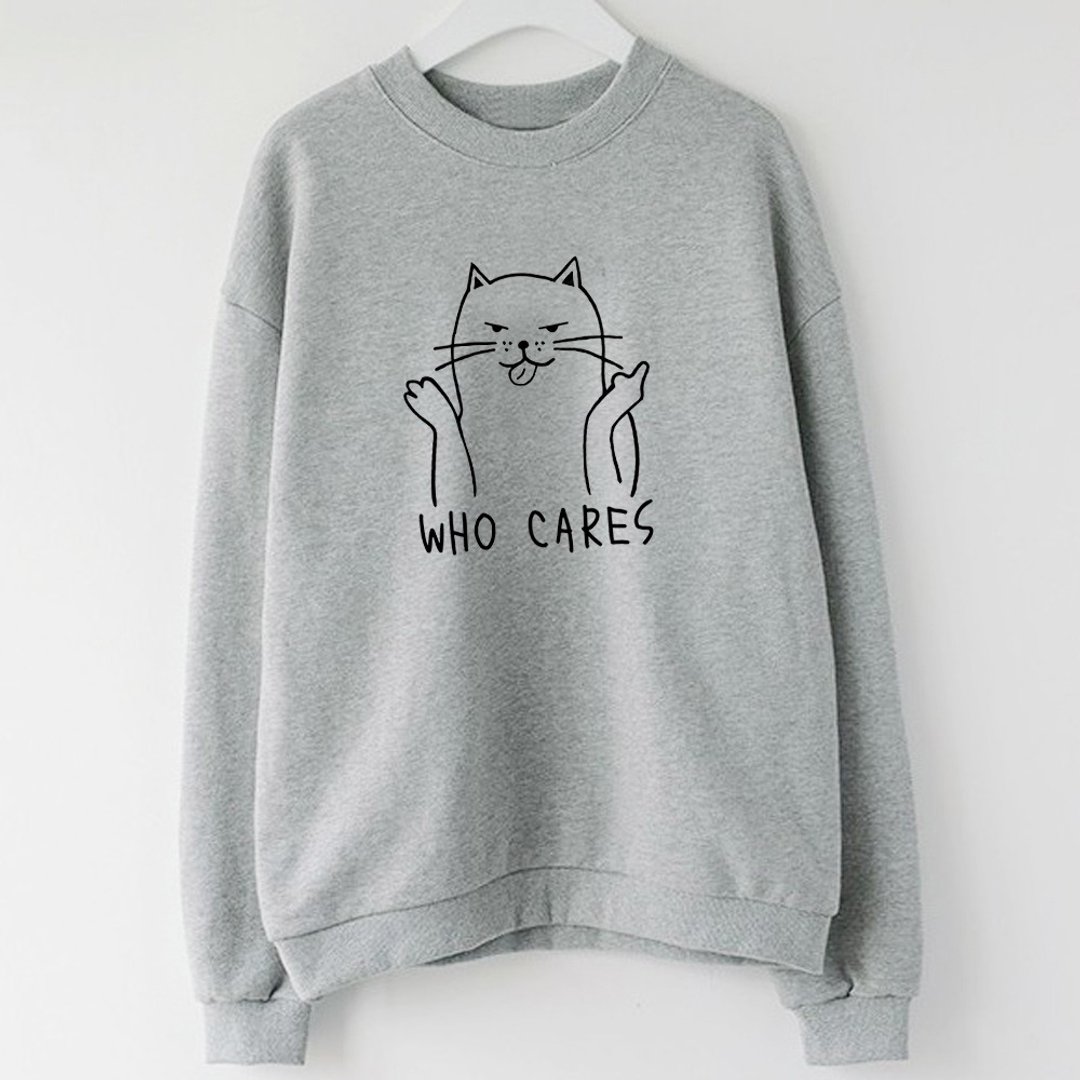 Who Cares Cat #2 中性大学T 刷毛 灰色 狗猫毛小孩圣诞交换礼物 - 女装上衣 - 棉 灰色