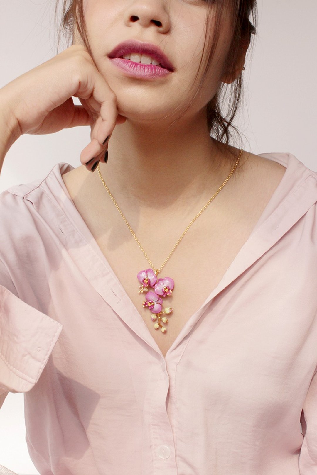 Phalaen Purple Necklace, Flower Necklace, Purple Flower, Enamel Necklace - 项链 - 其他金属 紫色