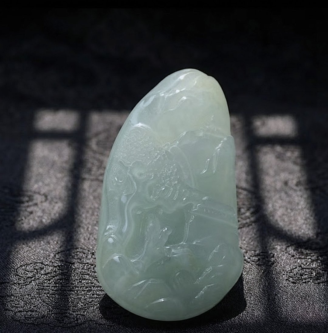 冰种翡翠山水牌 | 天然缅甸A货翡翠 | 送礼 - 吊饰 - 玉石 透明