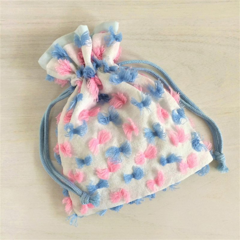 Ribbon Ribbon Cut Jacquard Drawstring Pouch Blue × Pink - 化妆包/杂物包 - 聚酯纤维 粉红色