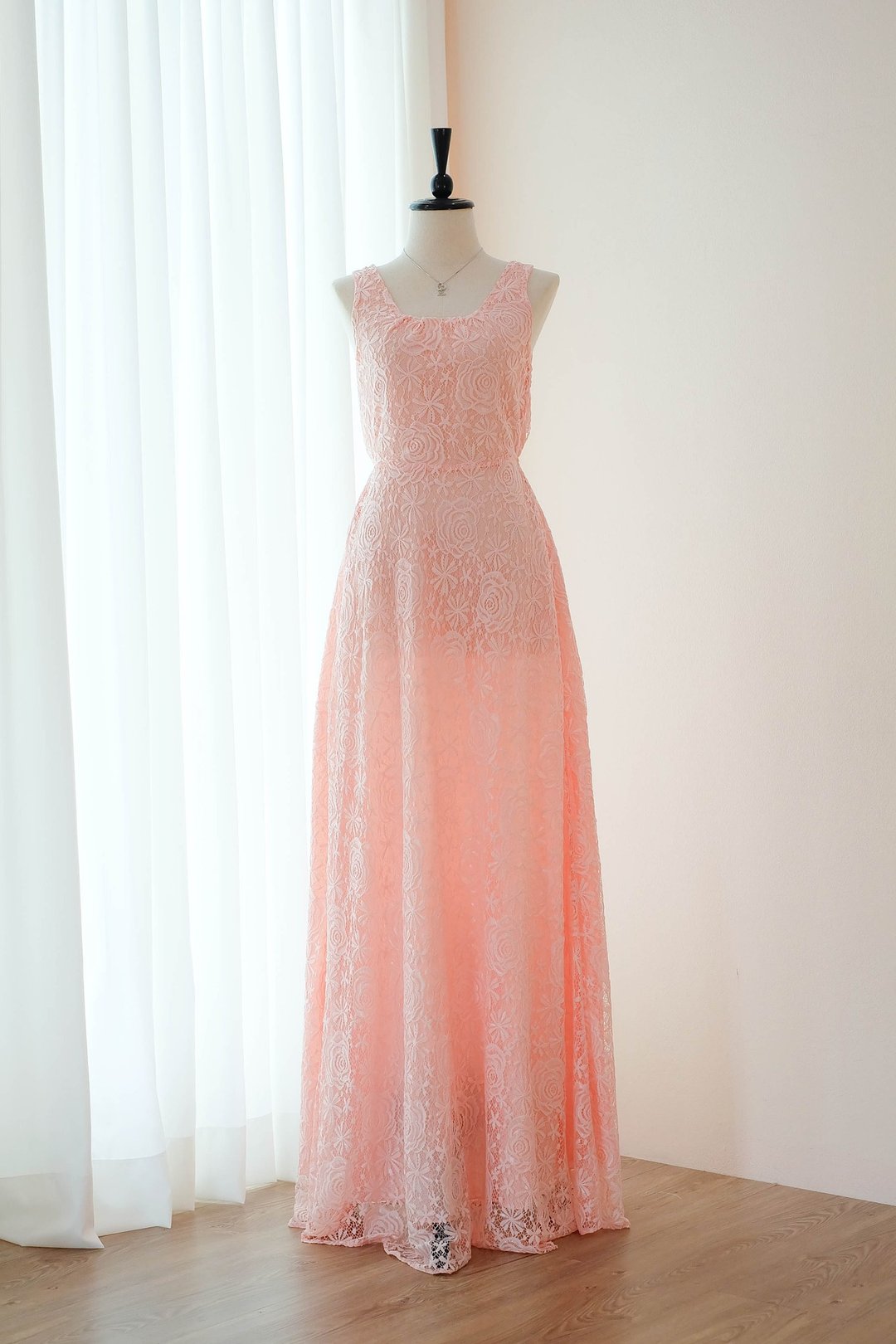 Pink Blush dress Lace Bridesmaid Long Dress Bow back Prom Party Dress - 晚装/礼服 - 聚酯纤维 粉红色