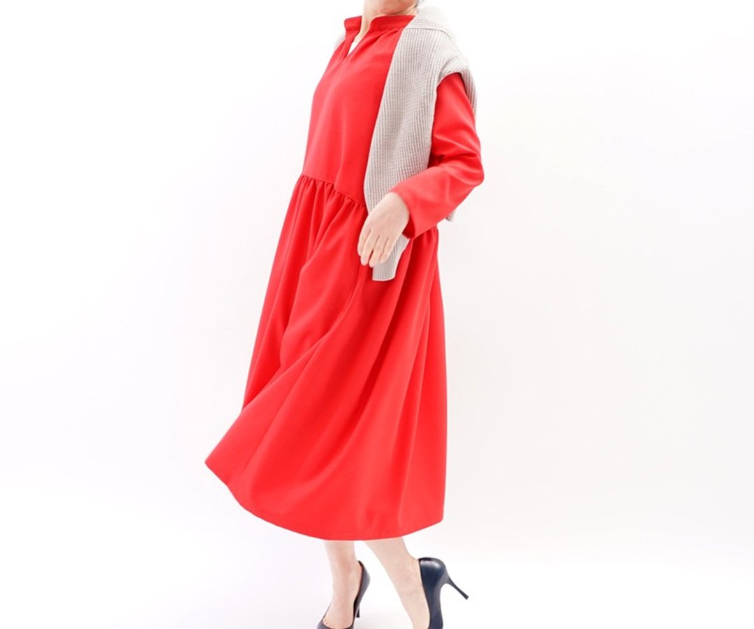 Bright red stand-up collar gather dress / Carnival Red a26-16 - 洋装/连衣裙 - 其他材质 红色
