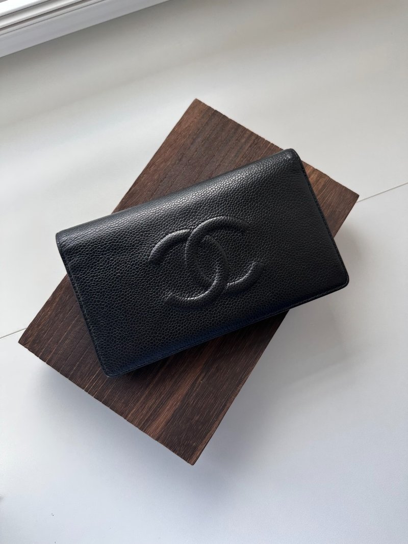 中古包 Chanel 香奈儿 黑色鱼子酱皮长款钱包(双折) - 皮夹/钱包 - 真皮 黑色
