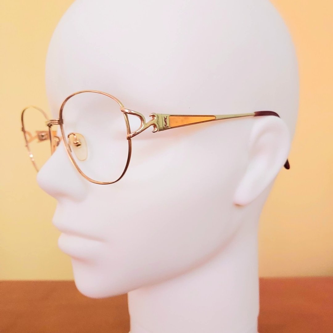 老法国 圣罗兰YSL 钛合金 镶嵌三角琥珀 金色古董眼镜 古董镜框 - 眼镜/眼镜框 - 其他金属 