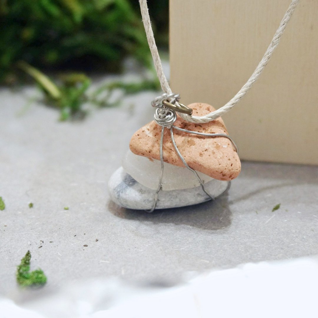 自然 石头 海玻璃 颈链 手工项链 原创独特饰物 环保 UPCYCLING - 橙,透明,白 - 颈链 - 石头 橘色