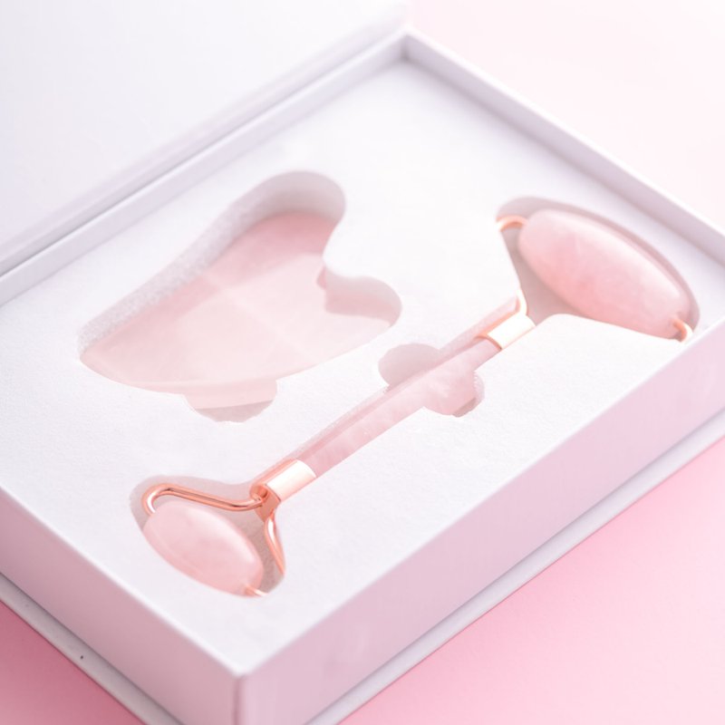 粉水晶刮痧板脸部按摩滚轮美容仪 | 圣诞礼盒女生礼 - 脸部按摩/清洁工具 - 宝石 粉红色