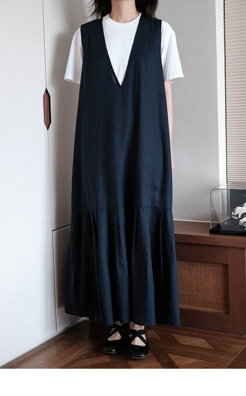 宽松条纹深V领无袖  西装马甲长连衣裙 洋裝 - 洋装/连衣裙 - 其他材质 