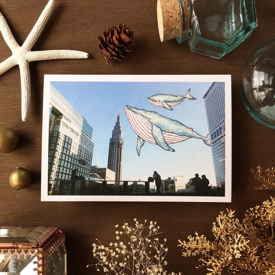 Postcard size Blue whales and Shinjuku station Art print - 海报/装饰画/版画 - 纸 蓝色
