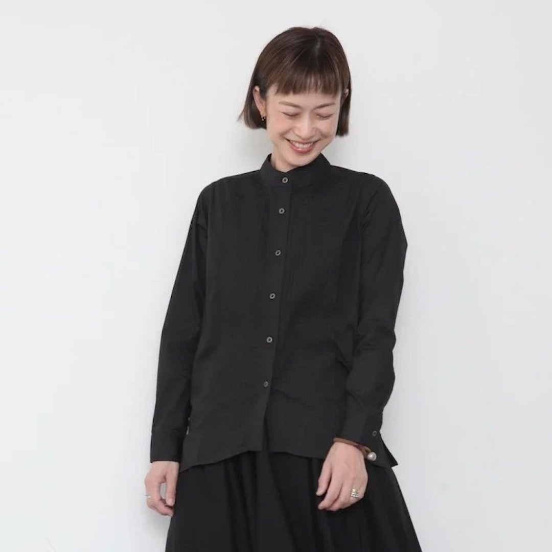 OMAKE.jp 塔克小立领衬衫PintuckShirt 黑 - 女装上衣 - 棉 黑色