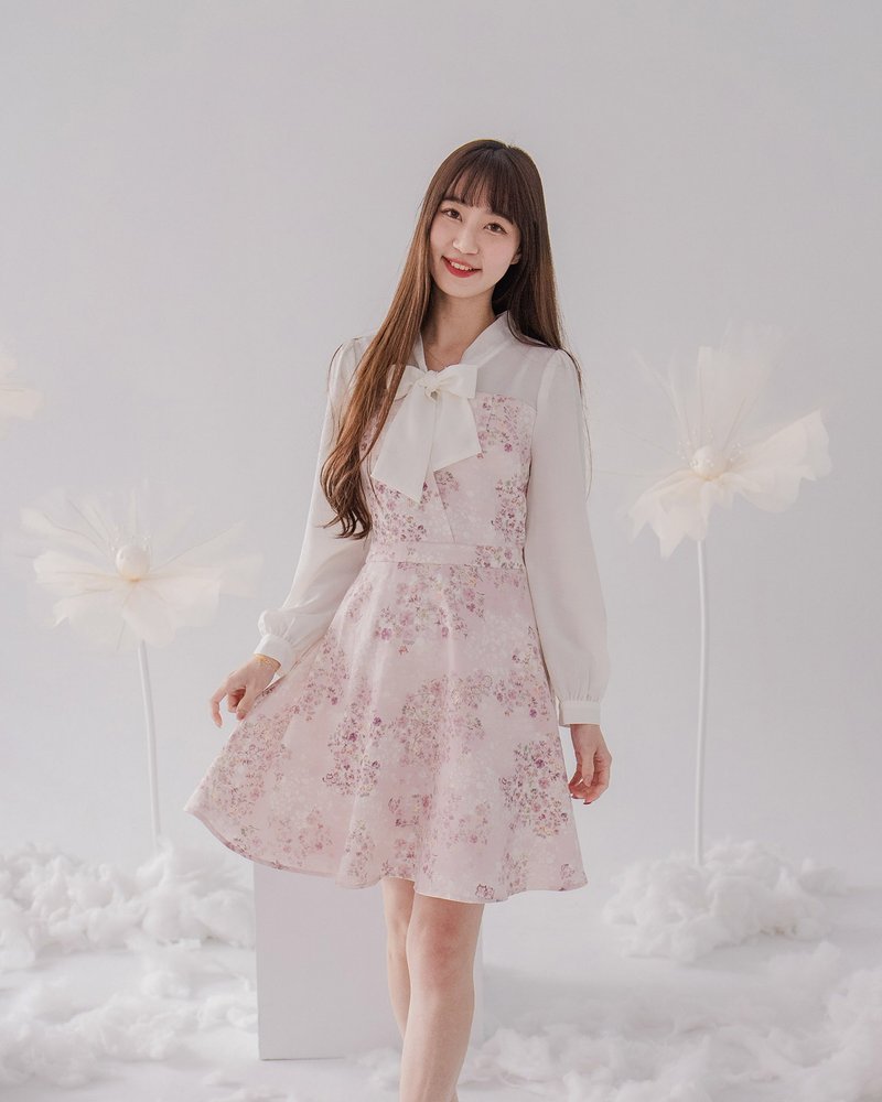 【英国】大和公主 雪纺拼接长袖洋装 伦敦猫头鹰 短裙 - 洋装/连衣裙 - 棉．麻 粉红色