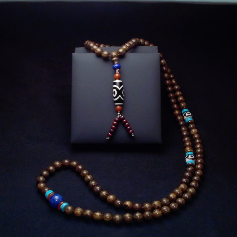 金刚三眼天珠 青金石佛珠 108颗虎皮檀念珠 稳健昌盛加持 - 项链 - 半宝石 