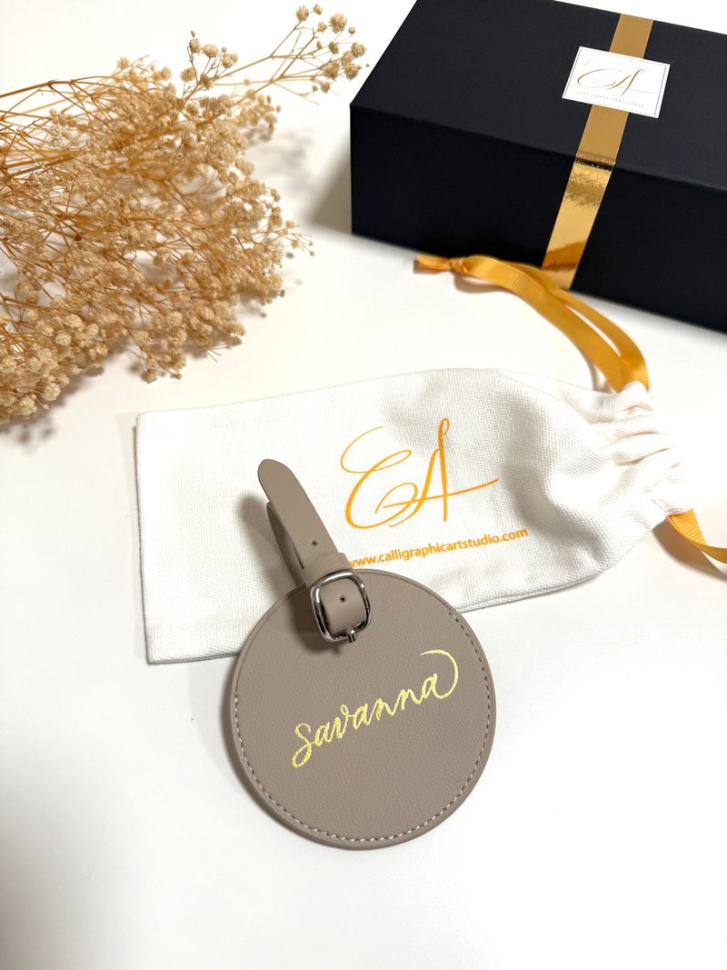 【客制】圆形 行李牌 真皮 米色 烫金名字 定制化 结婚 生日 礼物 - 行李吊牌 - 真皮 黑色