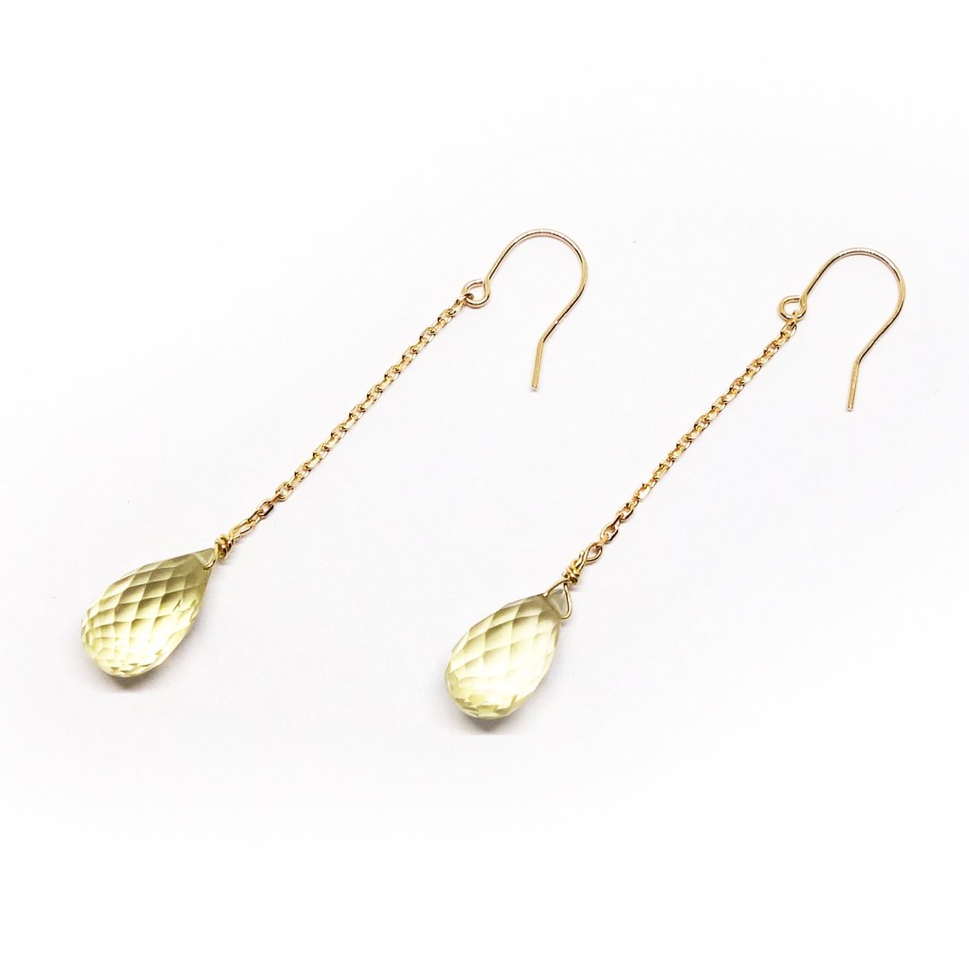 K18YG Lemon quartz briolette long chain earrigs【Pio by Parakee】柠檬水晶耳環 - 长链 - 宝石 黄色