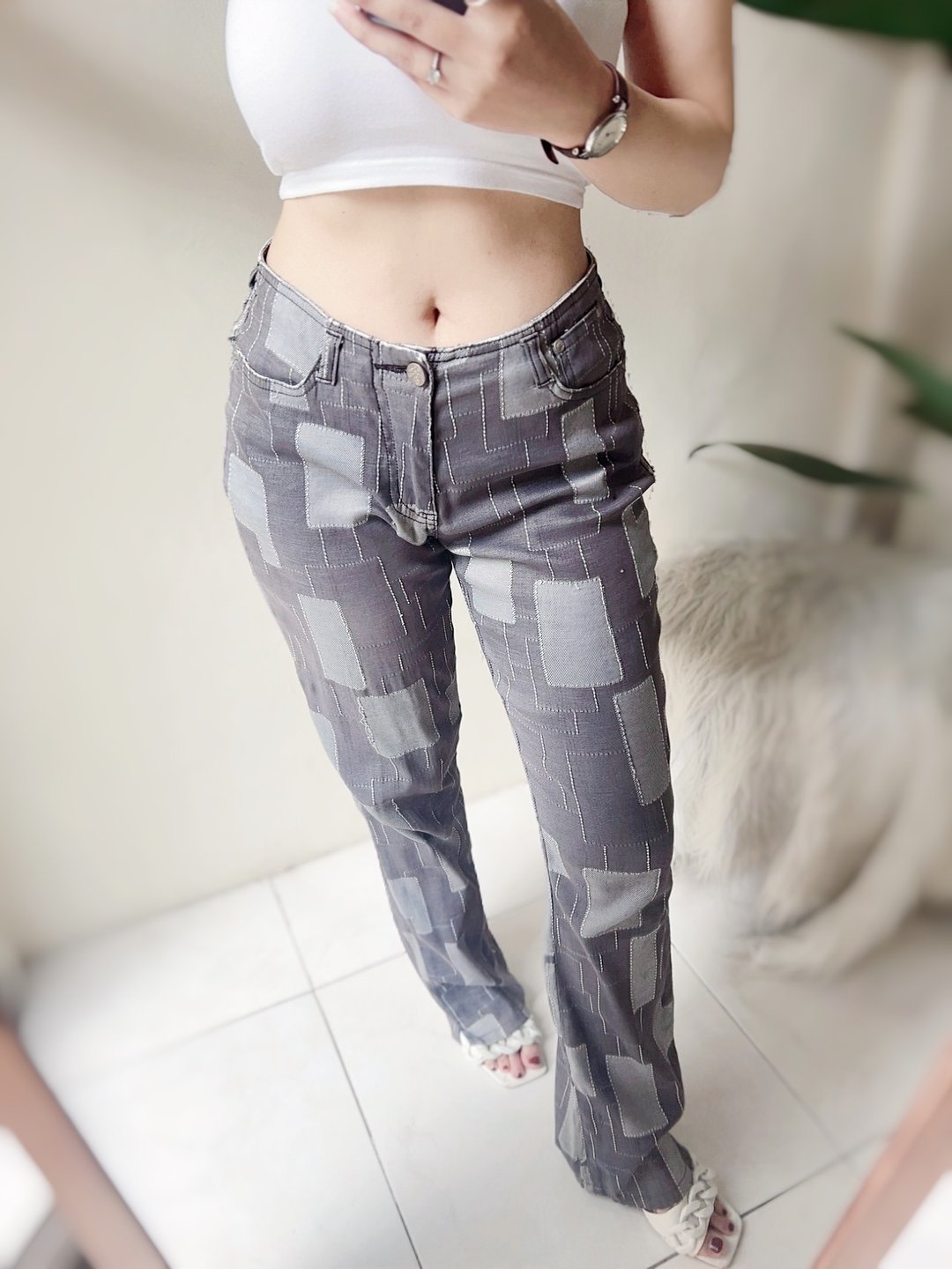 九零年代独立浅灰块面极长 古着棉料薄料长裤宽裤 pants vintag - 女装长裤 - 棉 灰色