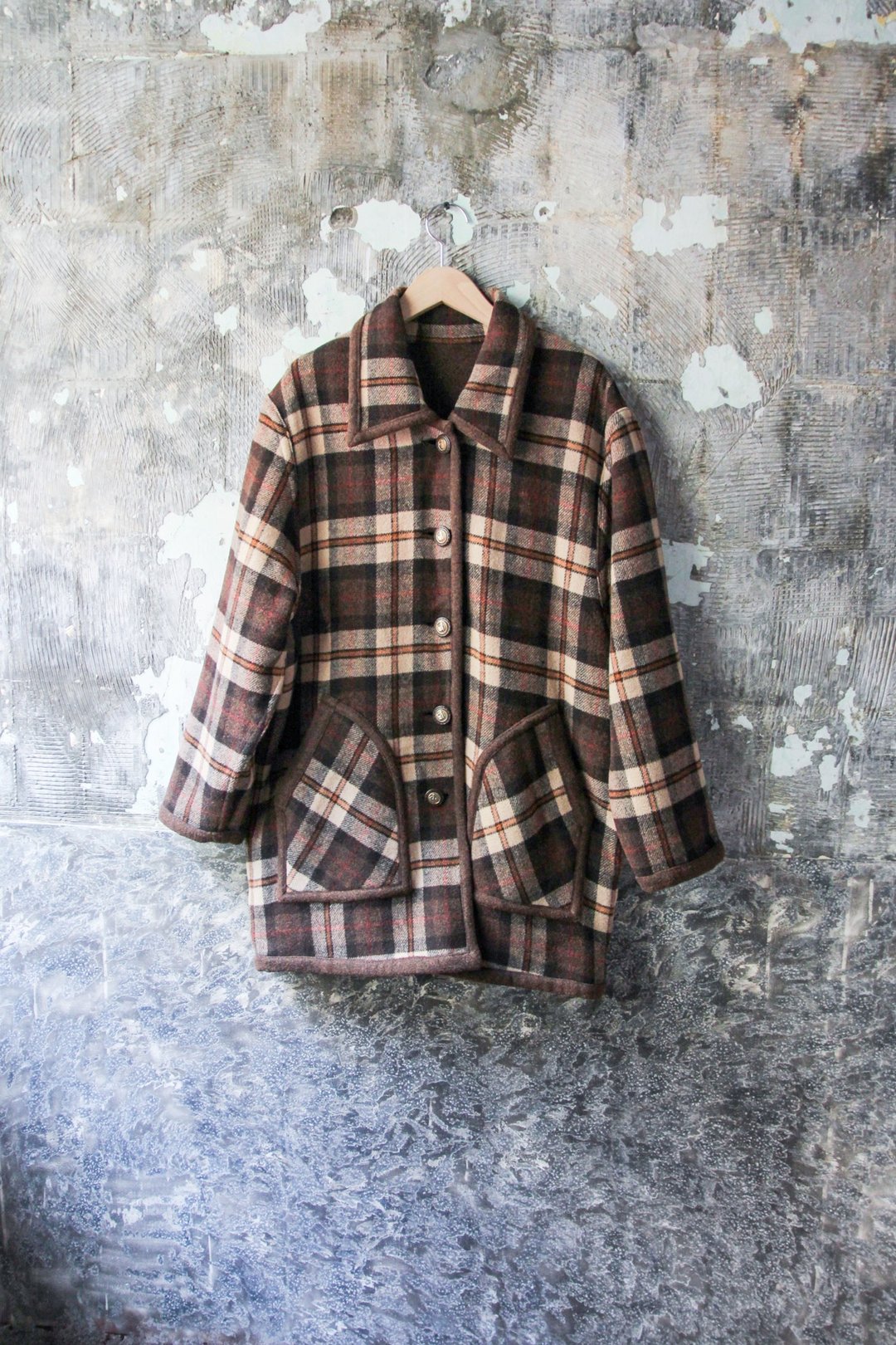 袅袅百货公司-Vintage 咖啡色格纹双面毛呢大衣外套 - 女装休闲/机能外套 - 羊毛 