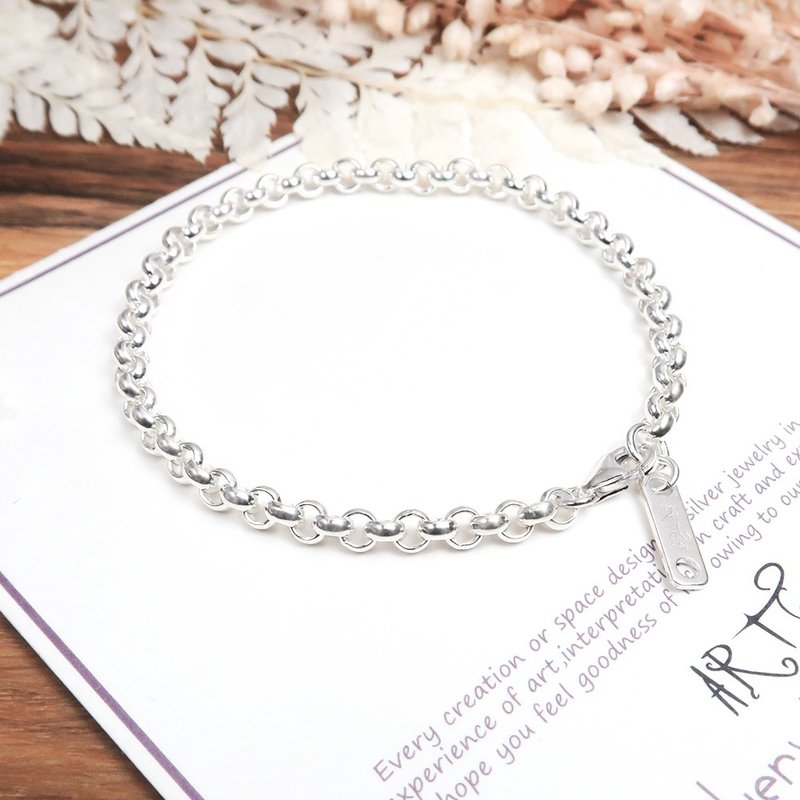 纯银可刻字 宽版小圆手链 银白款(3.7mm) 925纯银 男生手链 - 手链/手环 - 纯银 银色