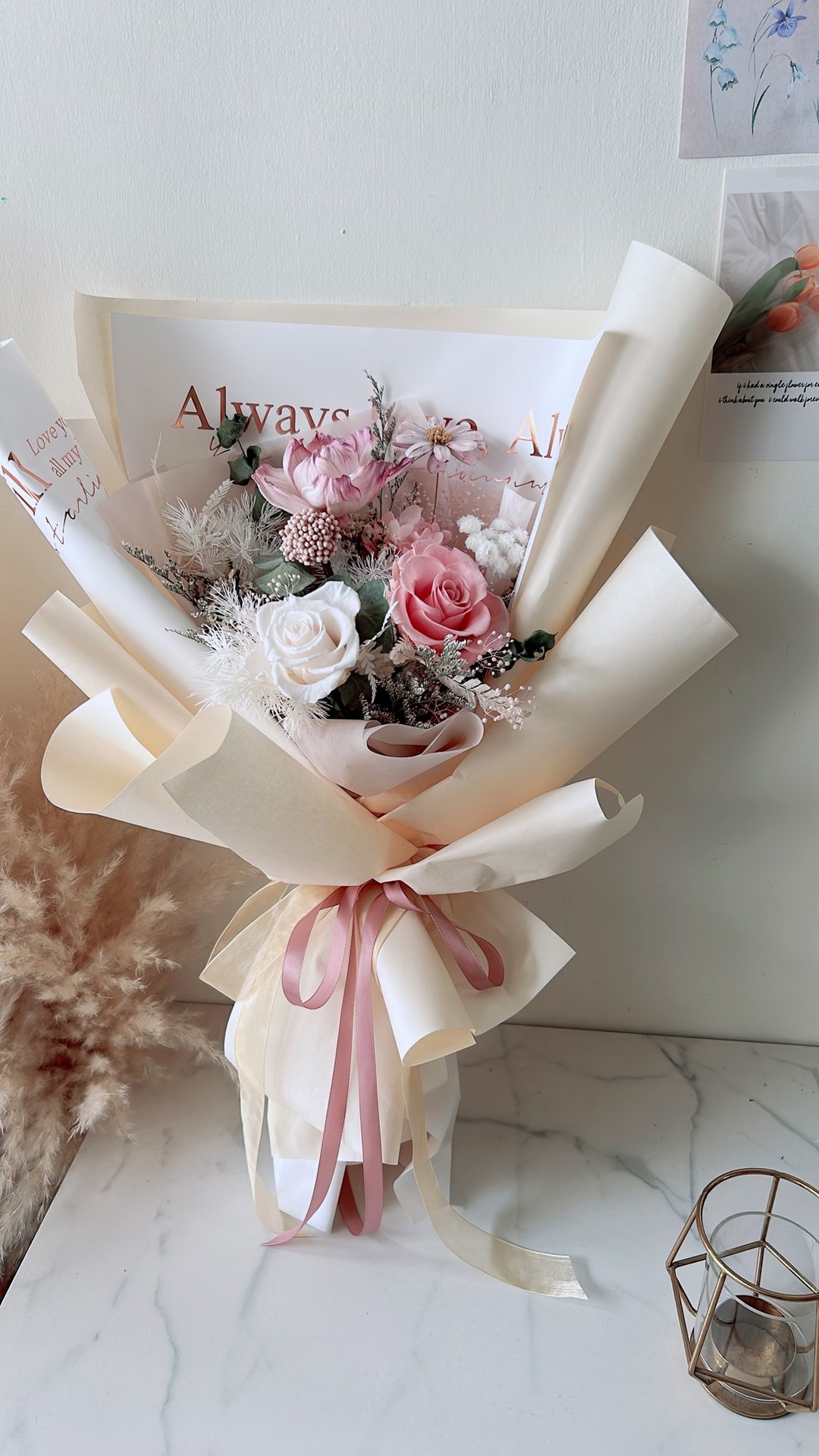永生花花束 毕业花束 母亲节花束 生日花束 干燥花 玫瑰 棉花 - 干燥花/捧花 - 植物．花 粉红色