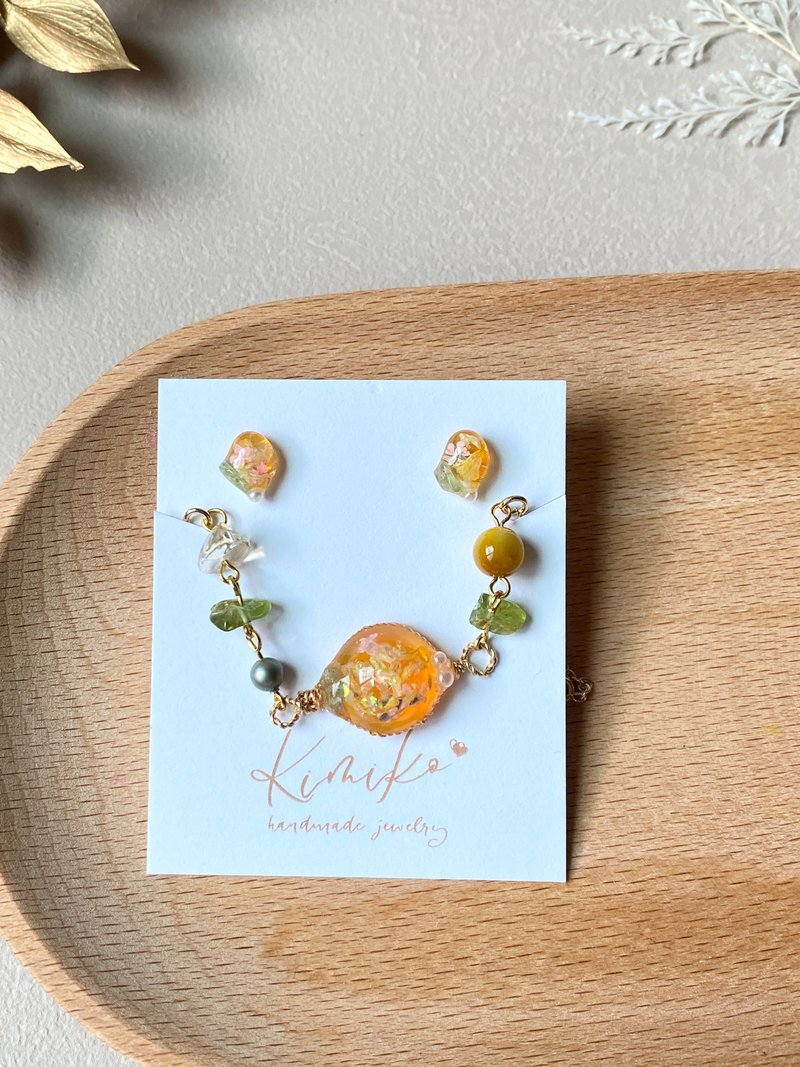 【不锈钢耳针・手链套装组】秋季光语 圆满能量石・自然四季色彩 - 手链/手环 - 不锈钢 橘色