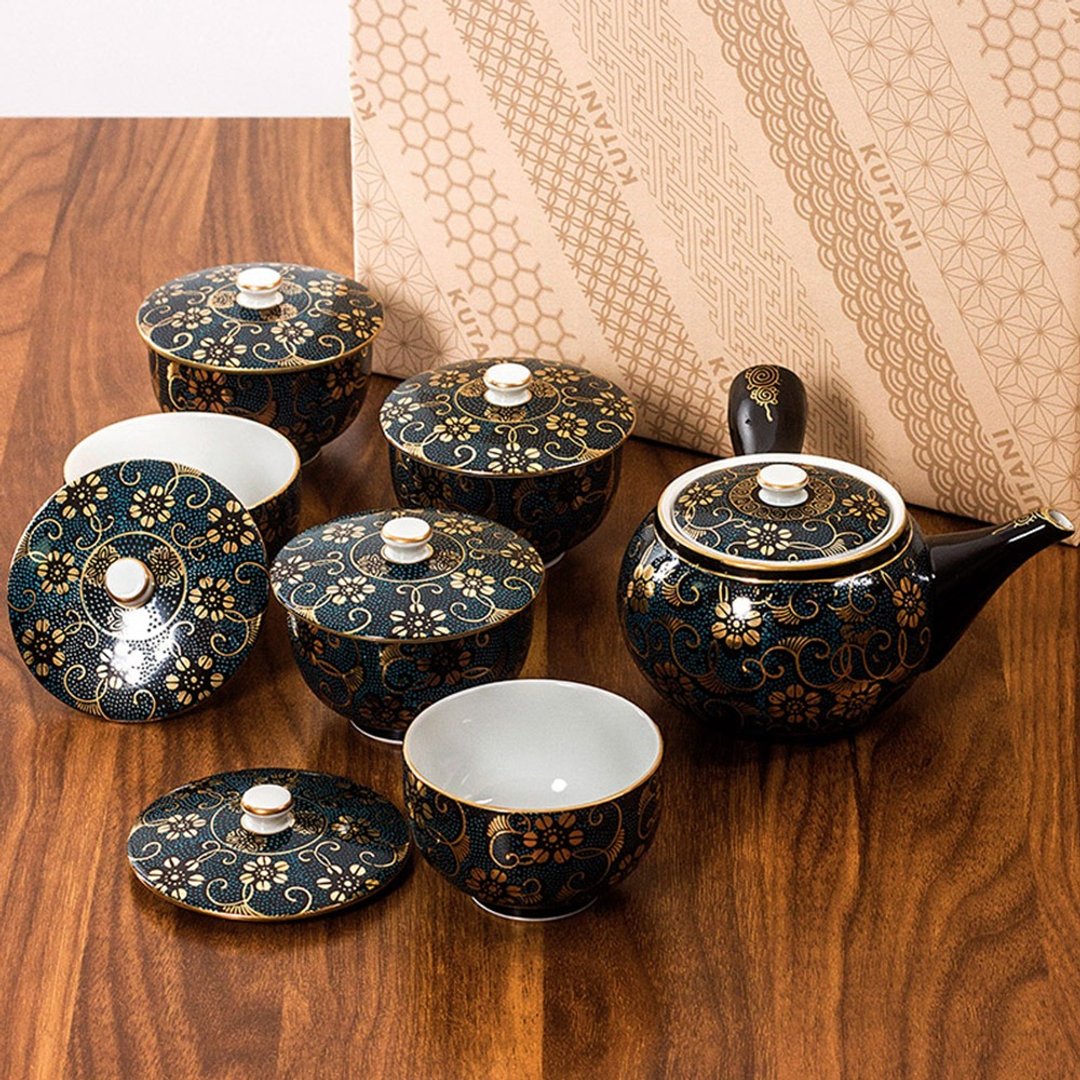 日本进口九谷烧手工侧把泡茶壶青粒鉄仙带盖茶具套装一壶五杯礼盒 - 茶具/茶杯 - 瓷 