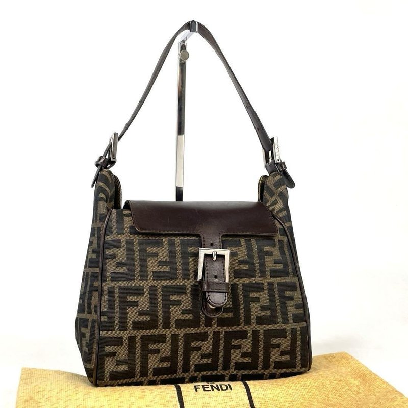 稀有中古二手Fendi咖啡色老花皮革托特包背侧背孭单肩腋下小手袋 - 侧背包/斜挎包 - 真皮 咖啡色
