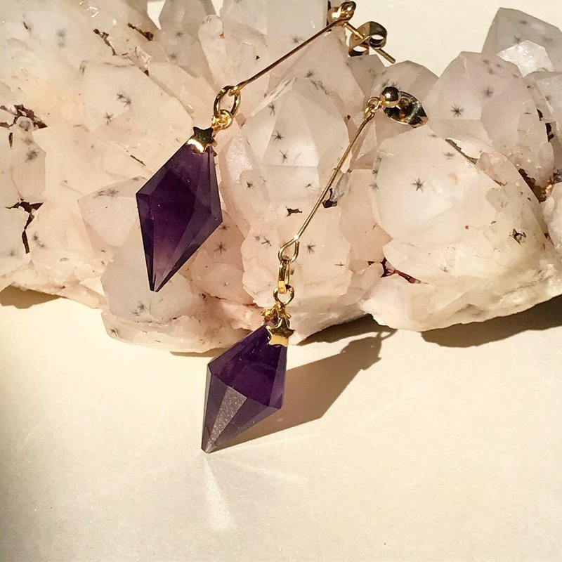 【Lost and find】天然石 紫晶 迷你灵石 耳环 - 耳环/耳夹 - 宝石 紫色