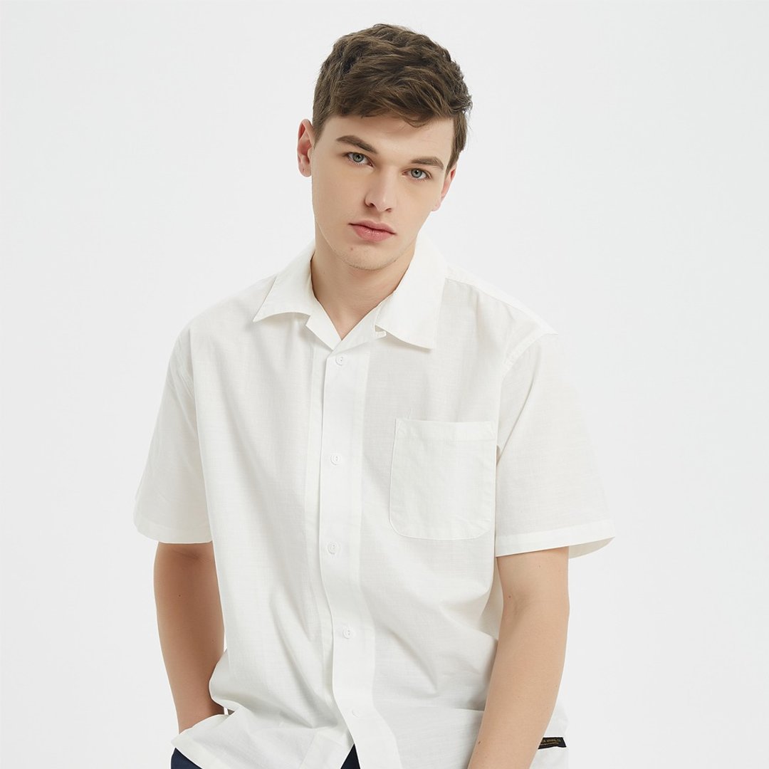 修身棉麻短袖衬衫/素色/Linen shirt/纯棉/中性款/情侣款 - 男装衬衫 - 棉 白色