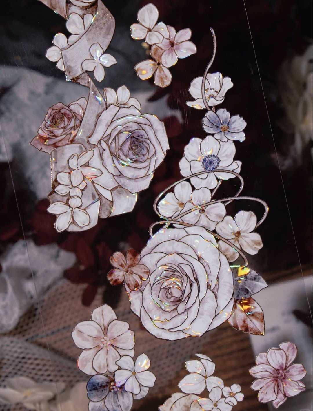 花间暮色 夕暮れ色の花々 / ローズと小花 PET 貝殼光 (kiss-cut) - 纸胶带 - 其他材质 多色