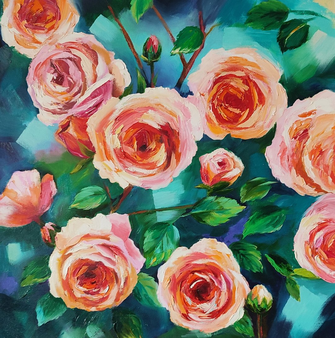 Roses Oil Painting Flowers Wall Art Floral Wall Decor Roses Oil Art Rose Artwork - 墙贴/壁贴 - 其他材质 粉红色