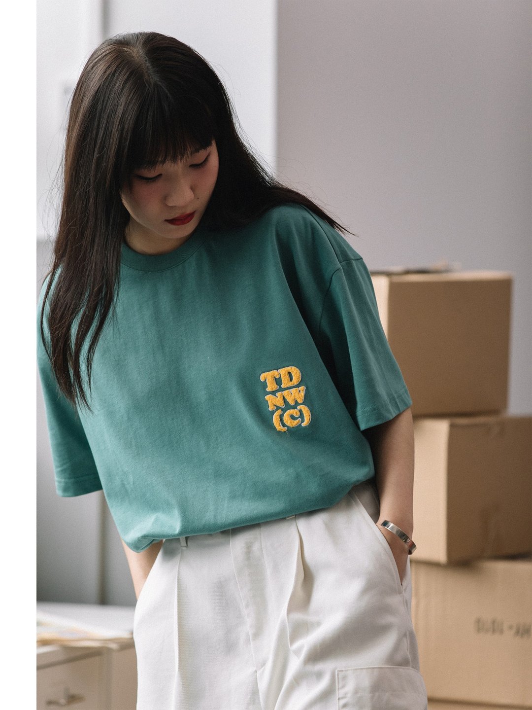 刺绣LOGO圆领短袖T恤 纯棉宽松休闲小领口TEE毛巾绣花 - 中性连帽卫衣/T 恤 - 棉 橘色