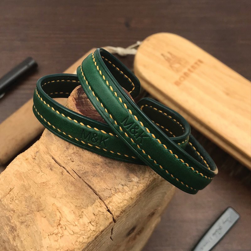 【手镯/手环】绿色植鞣牛皮/真皮情侣饰物/可弯曲调整弧度 - 手链/手环 - 真皮 绿色