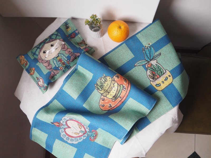 蓝绿色百搭棉麻餐桌桌旗壁纸布条贵宾小狗甜品图案 - 餐垫/桌巾 - 棉．麻 蓝色