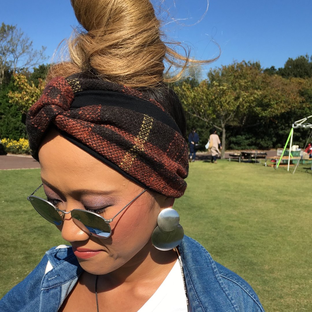 wool  hairband check pattern red - 发带/发箍 - 棉 红色