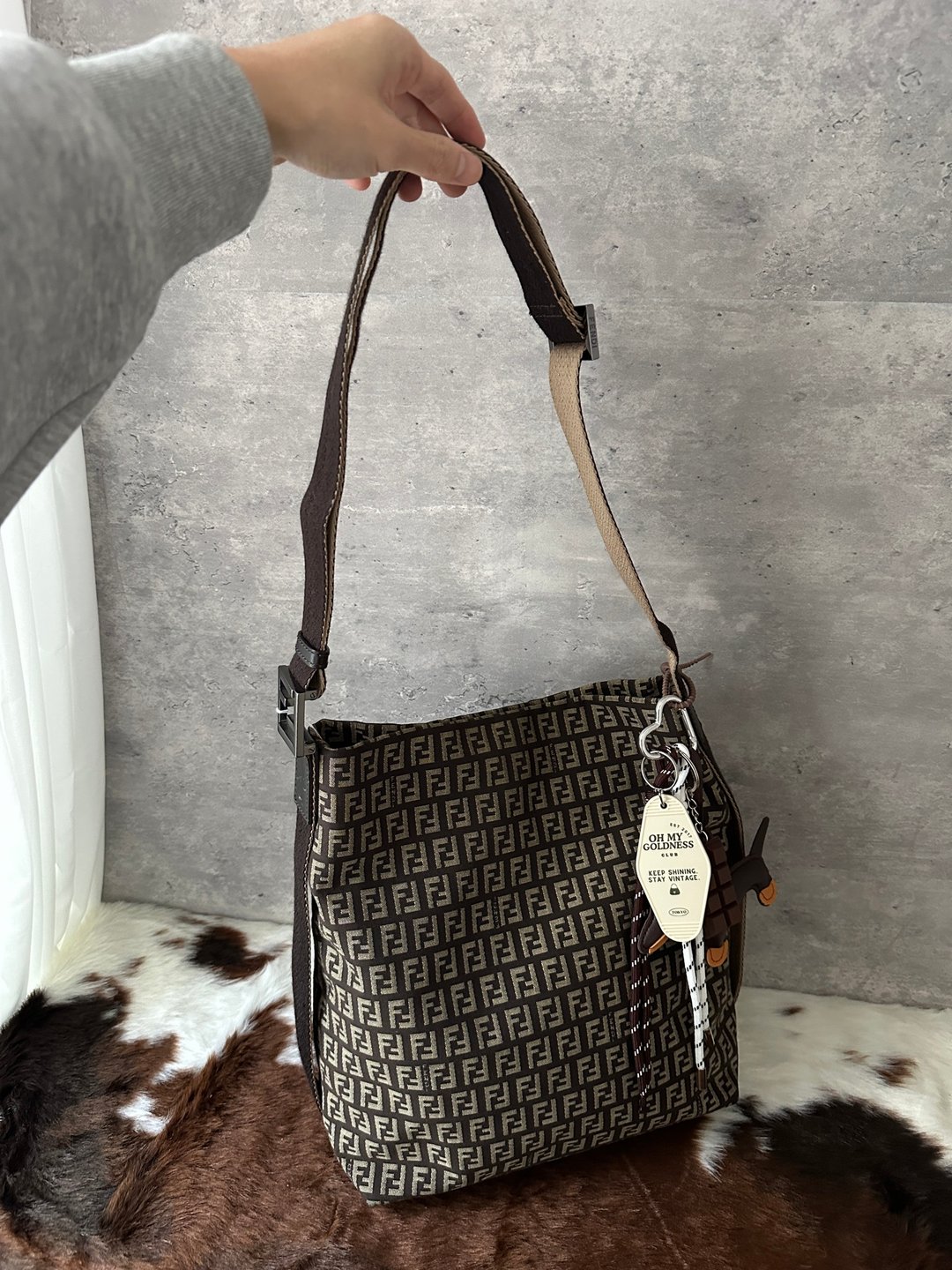 中古包 Fendi 芬迪 老花水桶包 - 手提包/手提袋 - 棉 咖啡色