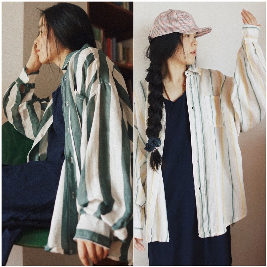 綠色/白色 夏季真絲亞麻條紋 自然防曬透氣 經典復古口袋長袖襯衣 - 女装衬衫 - 棉．麻 绿色