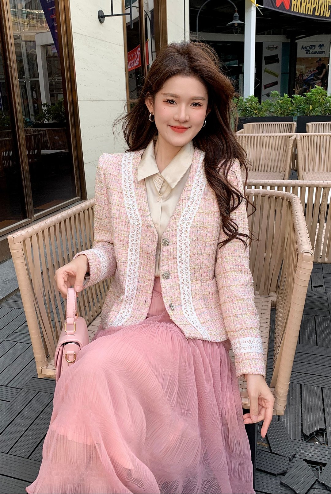 + Nega C. 优雅V领Tweed Jacket| 粉红色| 有里衬 + - 女装休闲/机能外套 - 聚酯纤维 粉红色