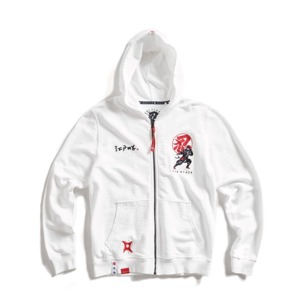 江户胜 日系 男装 伊贺忍者刺绣休闲连帽长袖外套(米白色) #上衣 - 男装外套 - 棉 白色